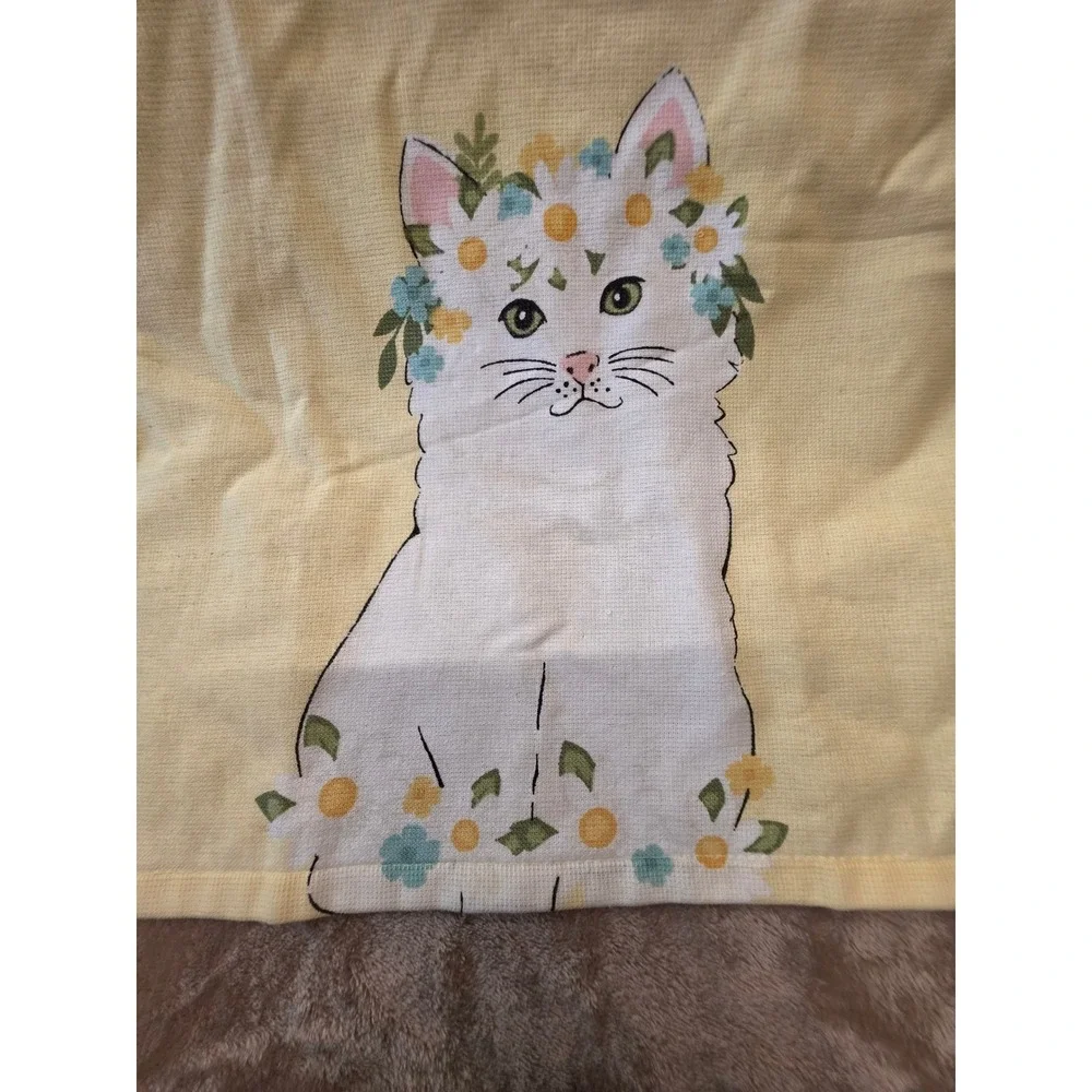 Floral Cat Hand Towel Yellow White Cotton Terry Cloth Cottagecore RN 48711